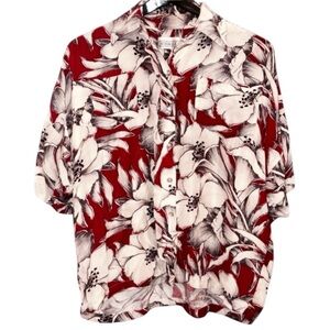 Vintage Norma Kamali Red‎ and Cream Floral Blouse Small